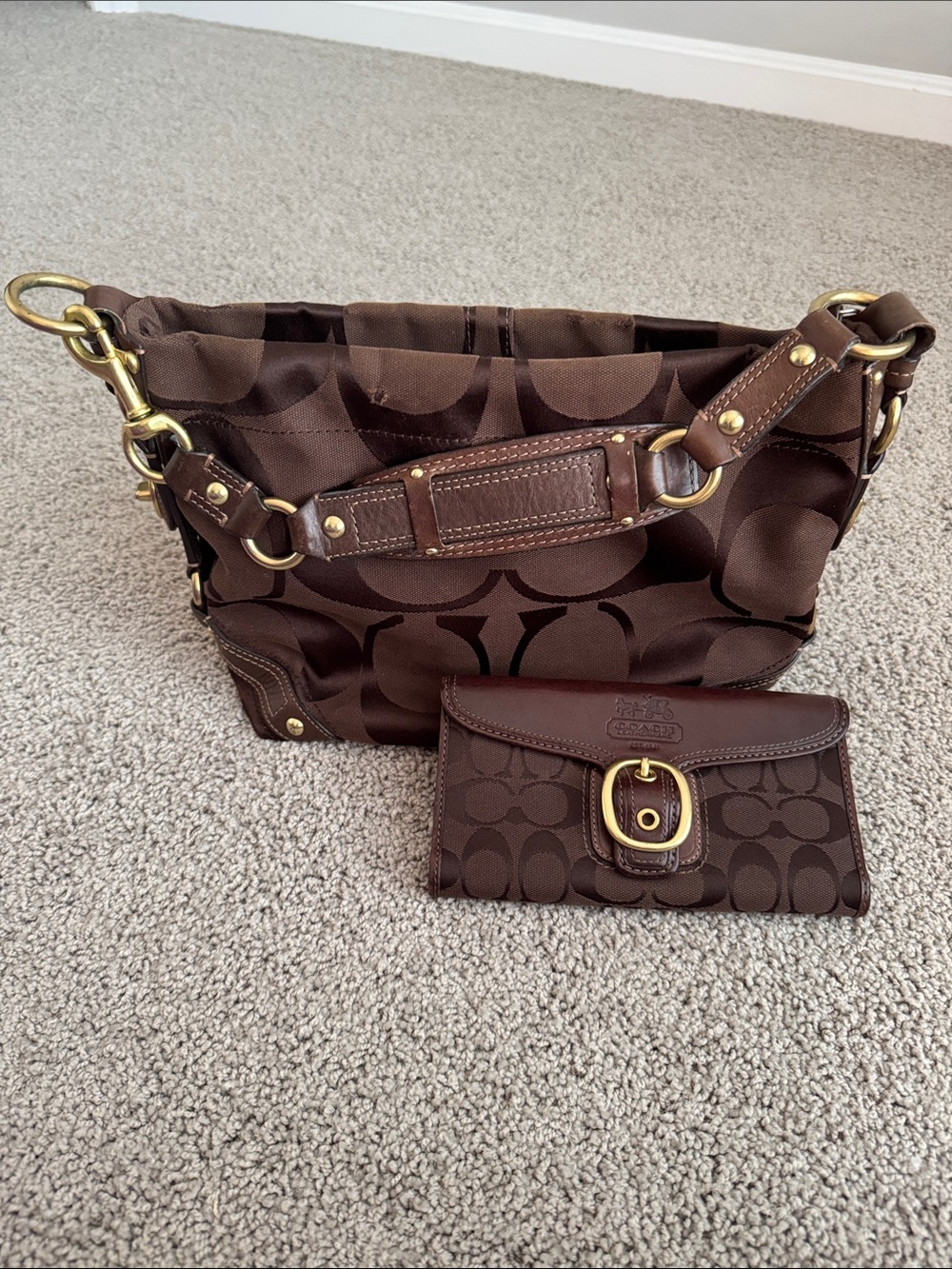Coach Brown Signature Canvas Shoulder Bag with Matching Brown Wallet